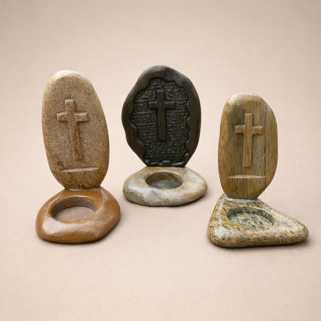 Christian Cross Stone Tealight Candle Holder – natural stone mindful home accent – product detail