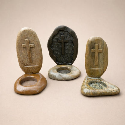 Christian Cross Stone Tealight Candle Holder – natural stone mindful home accent – product detail