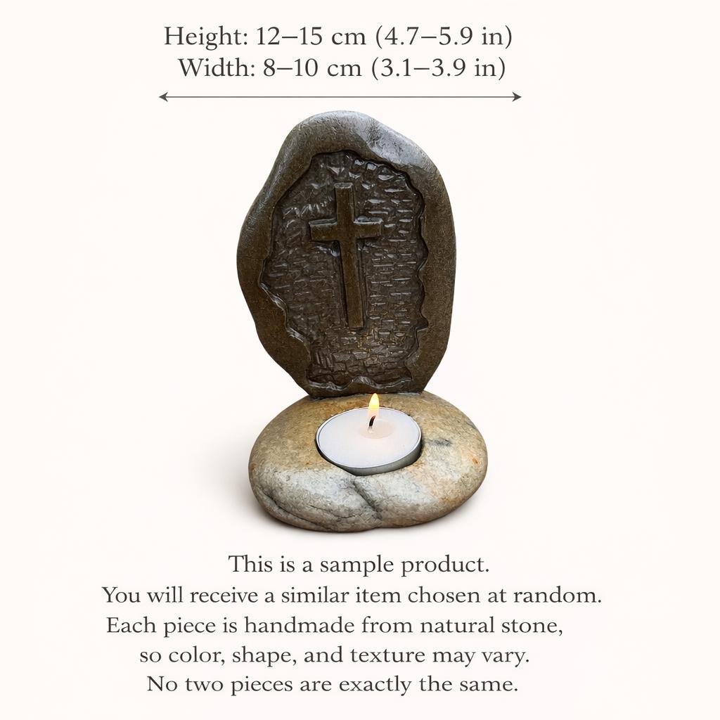 Christian Cross Stone Tealight Candle Holder – natural stone mindful home accent – detail view
