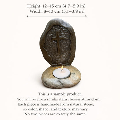Christian Cross Stone Tealight Candle Holder – natural stone mindful home accent – detail view