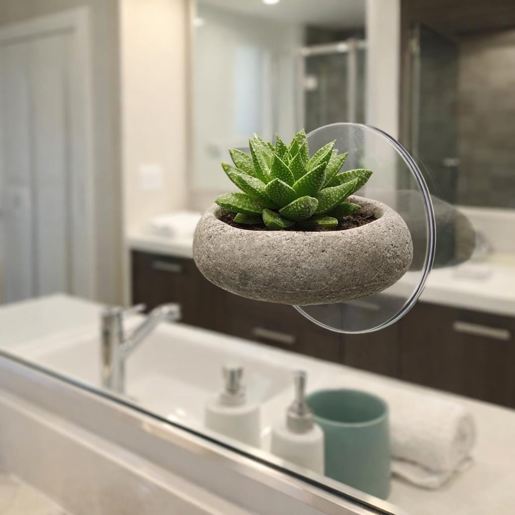 Mini Stone Succulent Planter With Suction Cup – natural stone planter or floral display – alternate angle