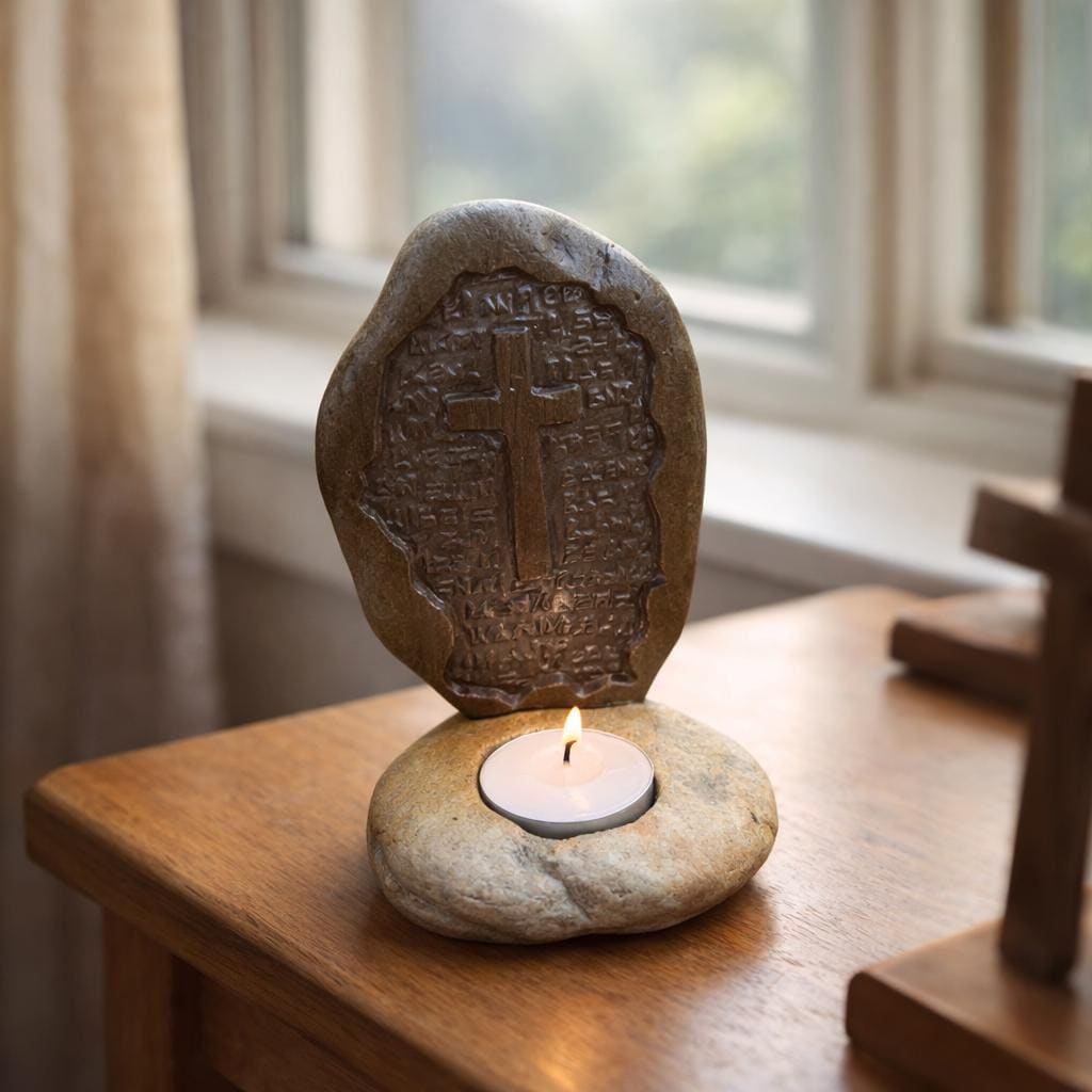 Christian Cross Stone Tealight Candle Holder – natural stone mindful home accent – alternate view