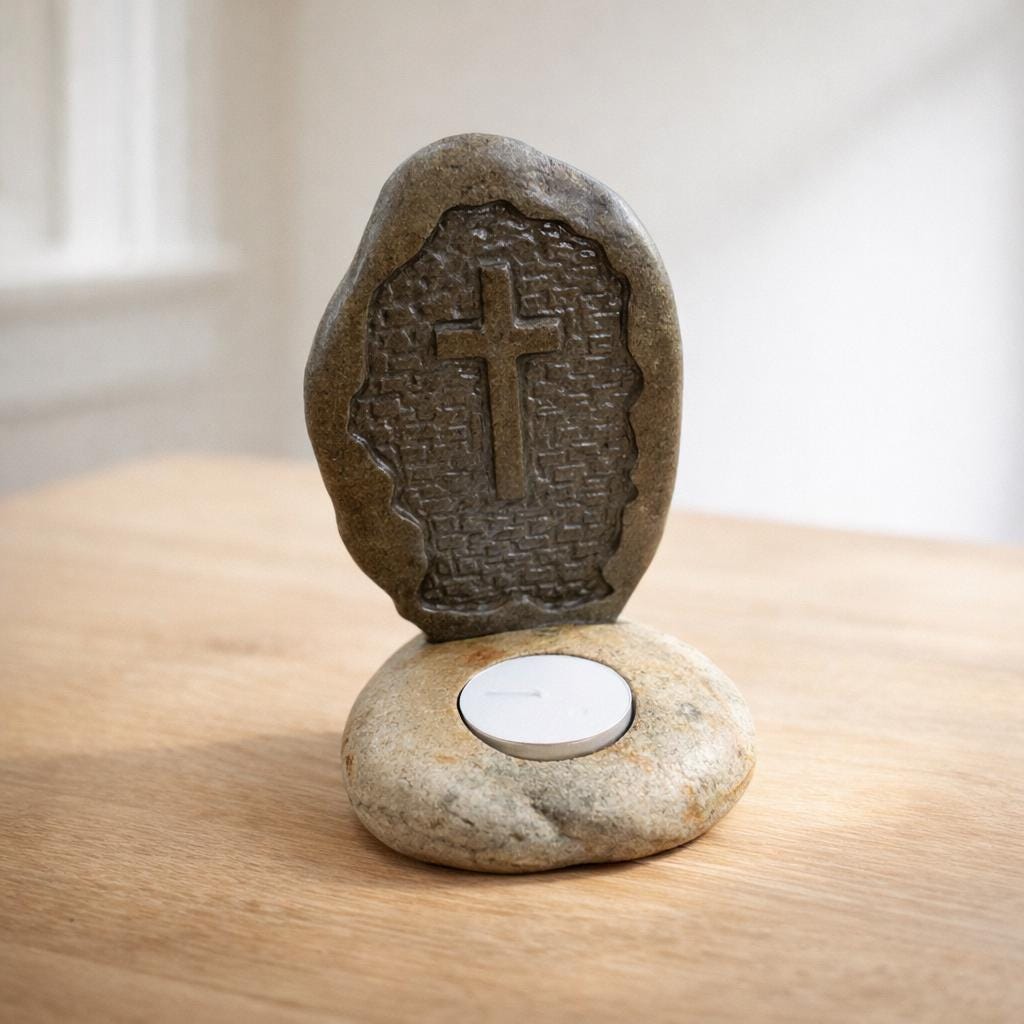 Christian Cross Stone Tealight Candle Holder – natural stone mindful home accent – alternate angle