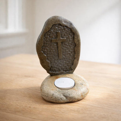 Christian Cross Stone Tealight Candle Holder – natural stone mindful home accent – alternate angle