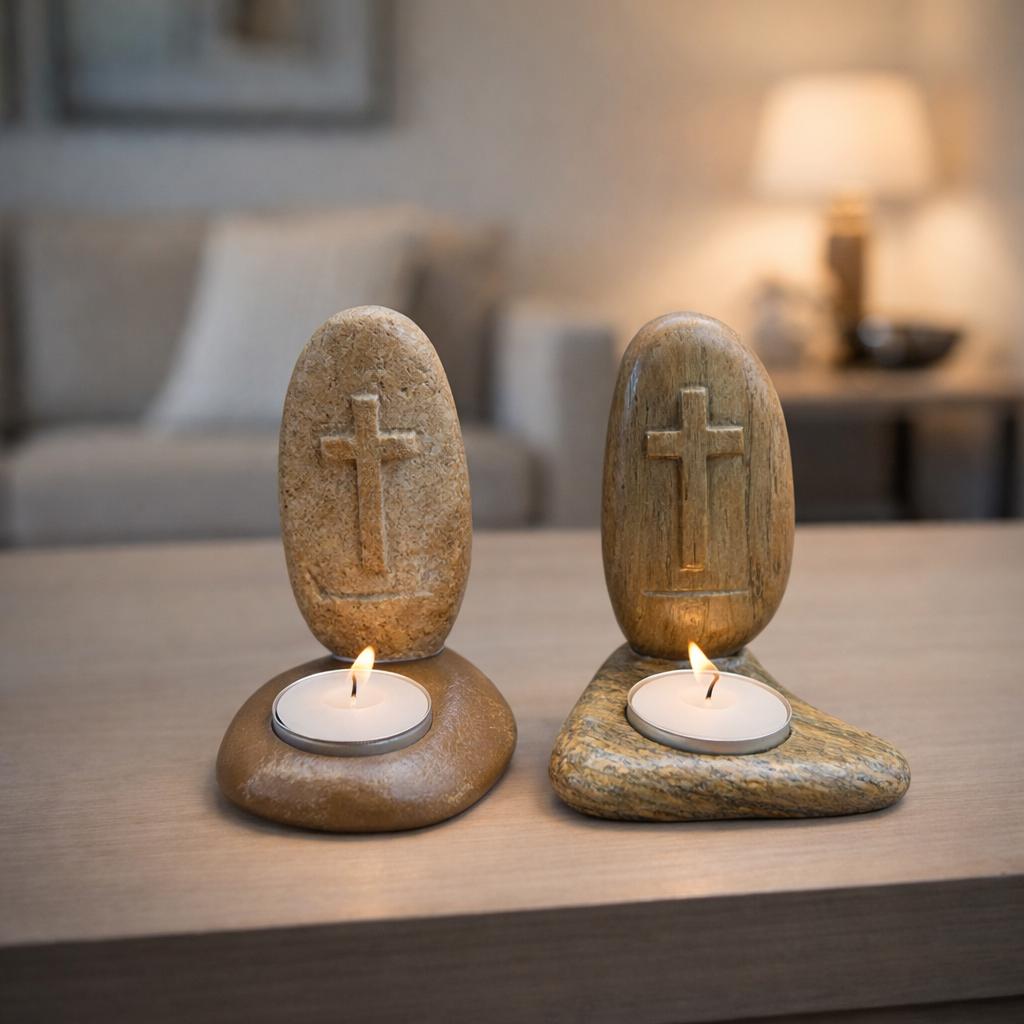 Christian Cross Stone Tealight Candle Holder – natural stone mindful home accent – alternate view