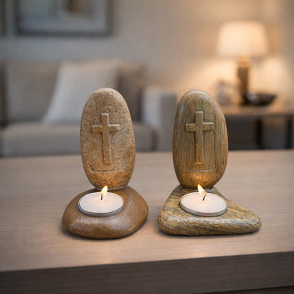 Christian Cross Stone Tealight Candle Holder – natural stone mindful home accent – alternate view