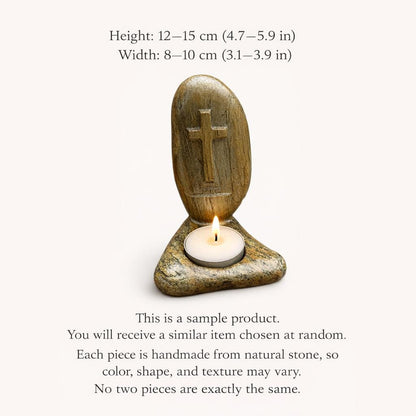 Christian Cross Stone Tealight Candle Holder – natural stone mindful home accent – alternate product view