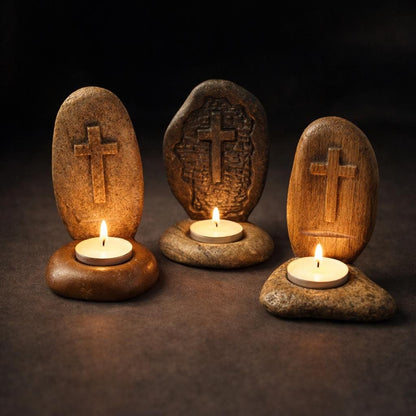 Christian Cross Stone Tealight Candle Holder – natural stone mindful home accent – primary product view