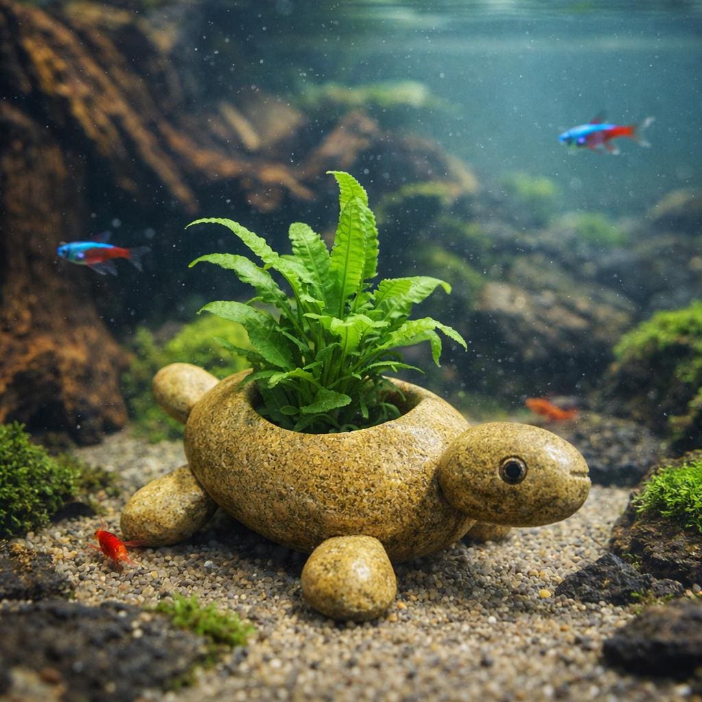 Aquarium Decor Turtle Planter – natural stone aquarium accessory – alternate angle
