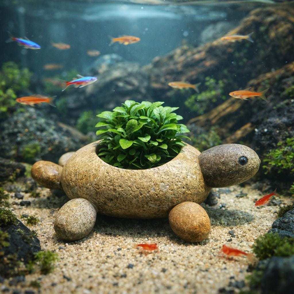 Aquarium Decor Turtle Planter – natural stone aquarium accessory – alternate view