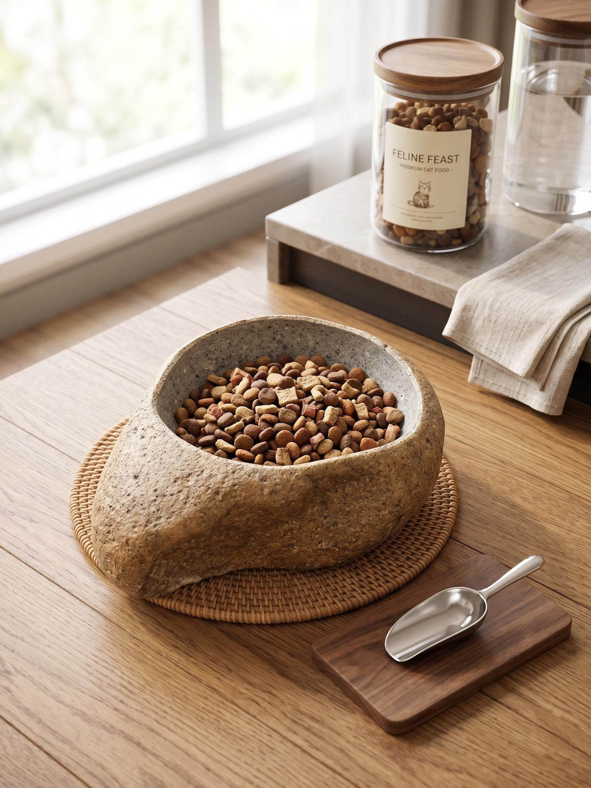 Cat Food Bowl - Heavy Natural Stone No Spill Cat Bowl For Dry – natural stone bird and wildlife accessory – detail view