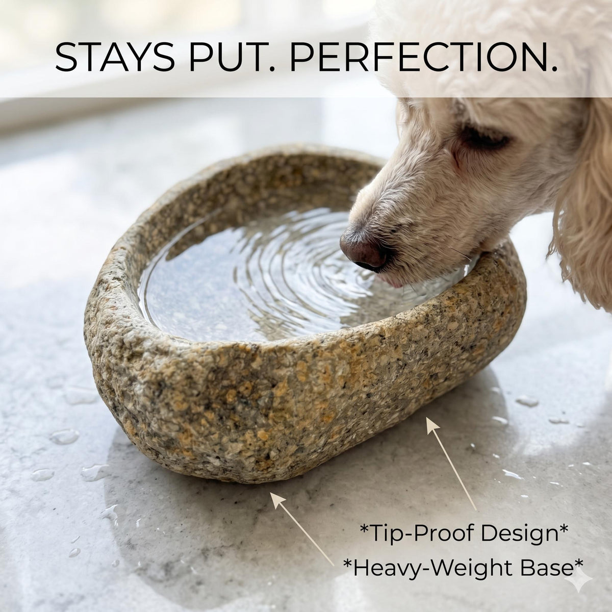 No Spill Dog Food Bowl – natural stone bird and wildlife accessory – detail view