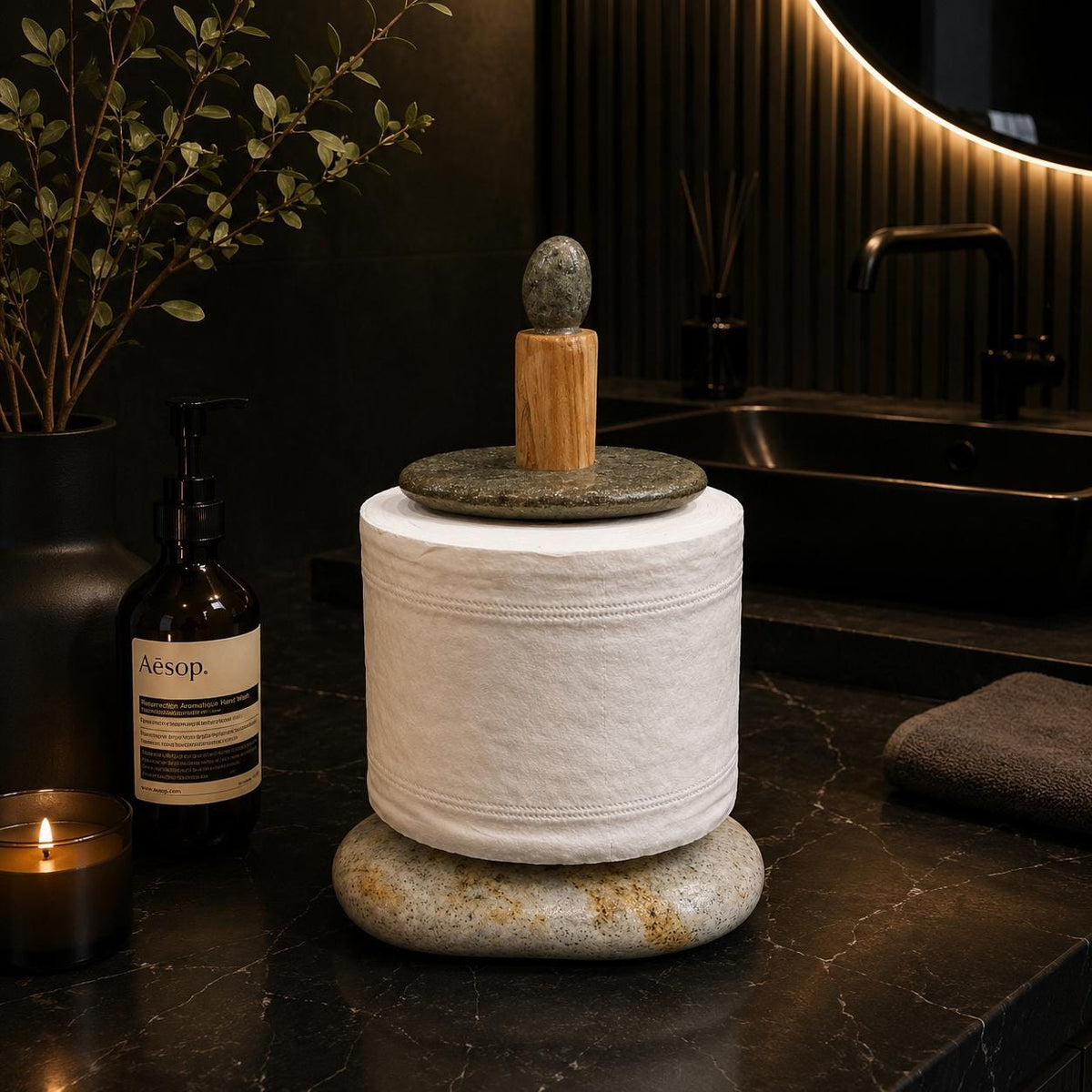 Toilet Paper Holder Stone – natural stone bathroom accessory – alternate angle
