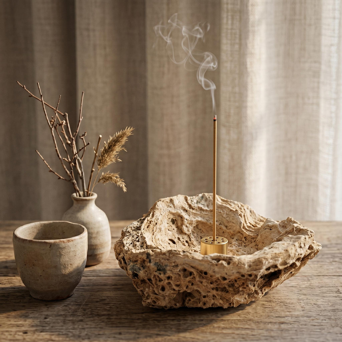 Large Incense Burner: Giant Stone Ash Catcher & Volcanic Rock – natural stone mindful home accent – detail view