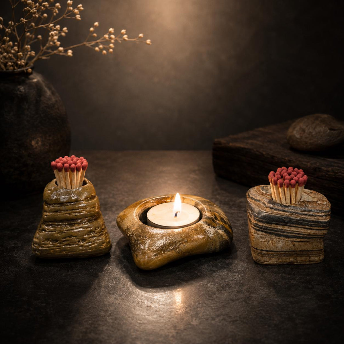 Stone Match Holder & Tealight Candle Holder Set – natural stone mindful home accent – alternate angle