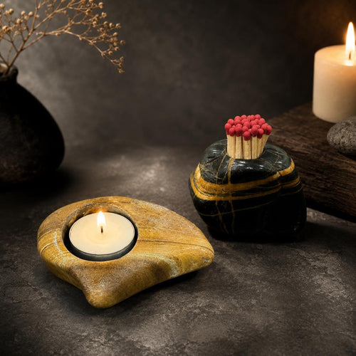 Stone Match Holder & Tealight Candle Holder Set – natural stone mindful home accent – primary product view