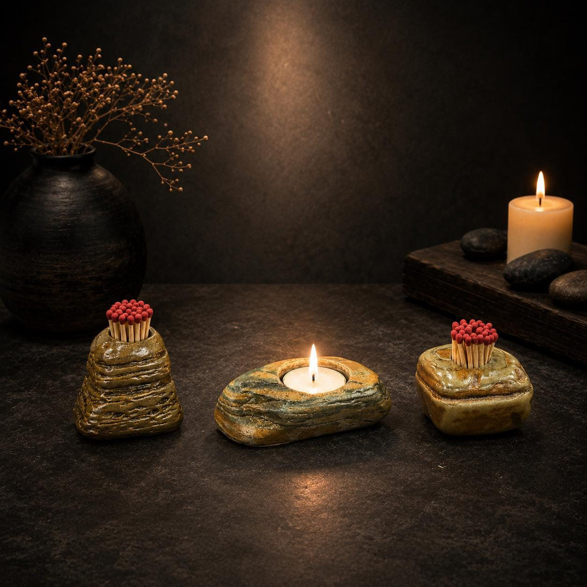 Stone Match Holder & Tealight Candle Holder Set – natural stone mindful home accent – product detail