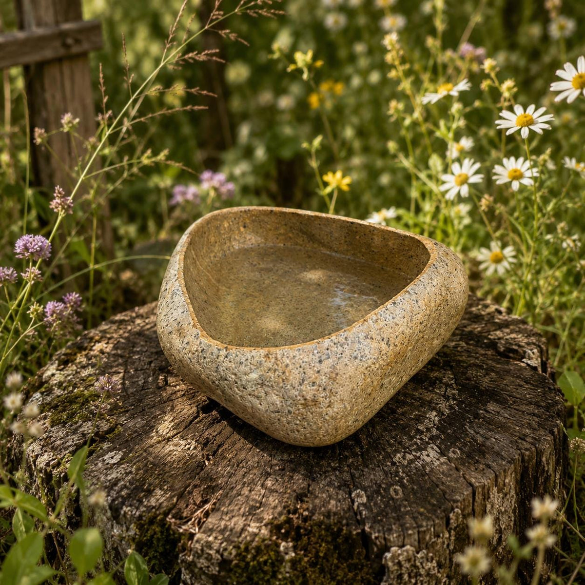 River Rock Bird Bath – natural stone bird and wildlife accessory – alternate angle
