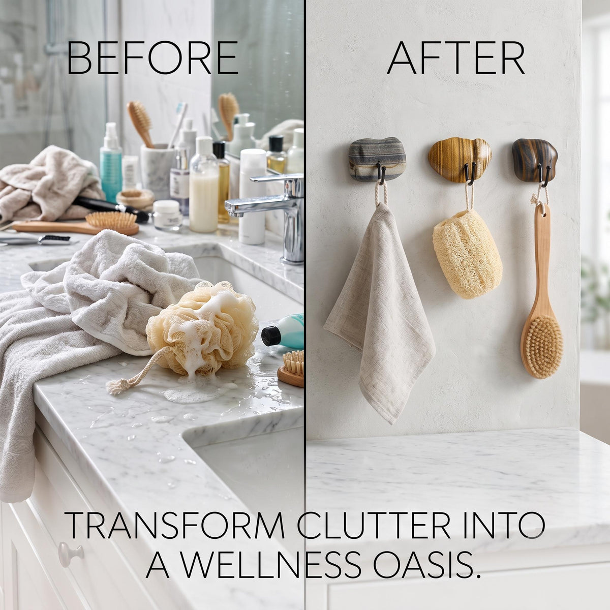 Small Bathroom Towel Hooks & Washcloth Holder: Natural Stone – natural stone bathroom accessory – alternate angle