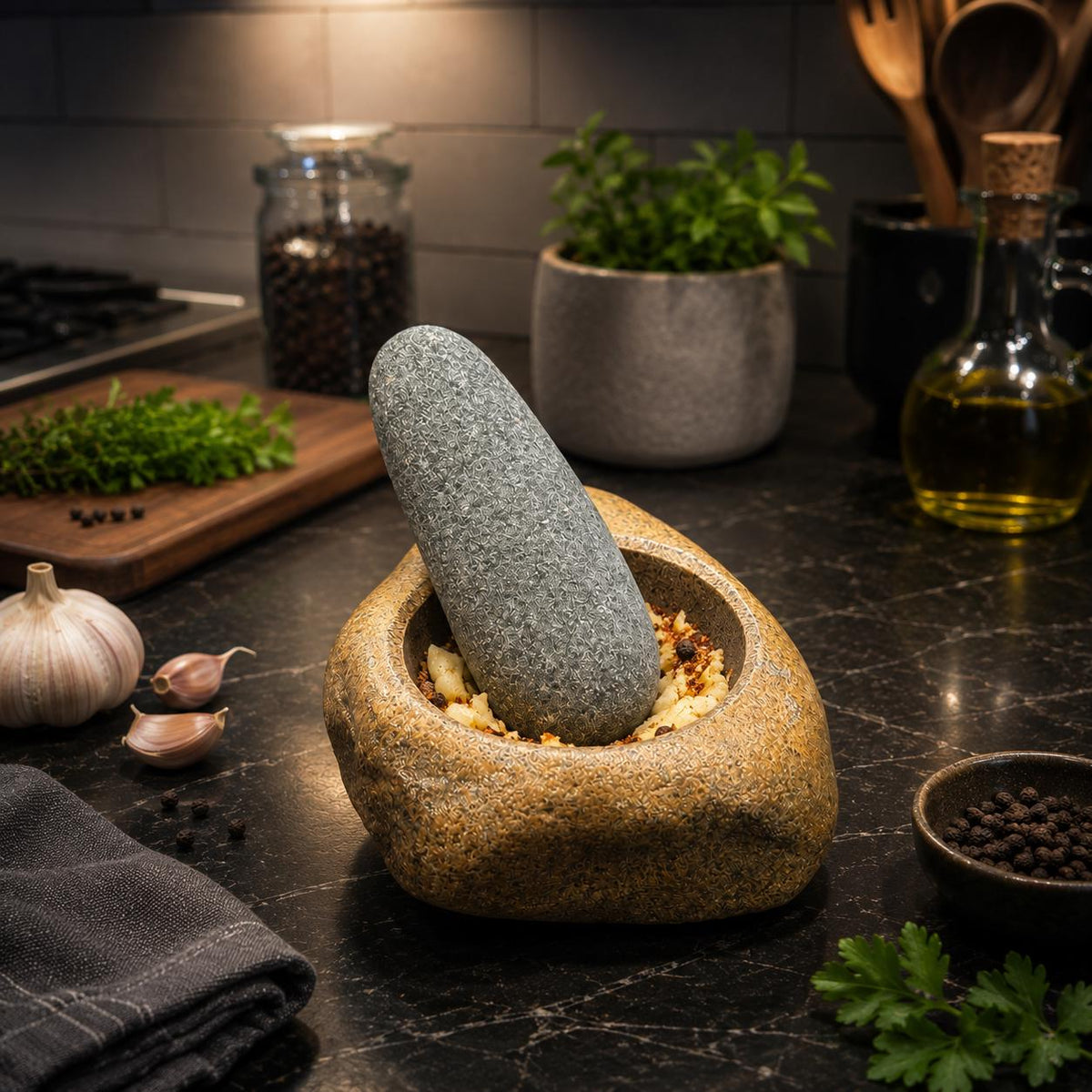 Natural Stone Mortar And Pestle – natural stone kitchen and dining accessory – detail view