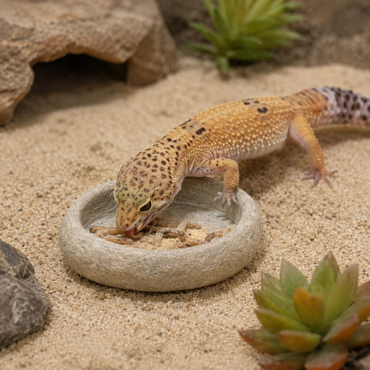 Leopard Gecko Stone Feeding Bowl – natural stone terrarium accessory – detail view