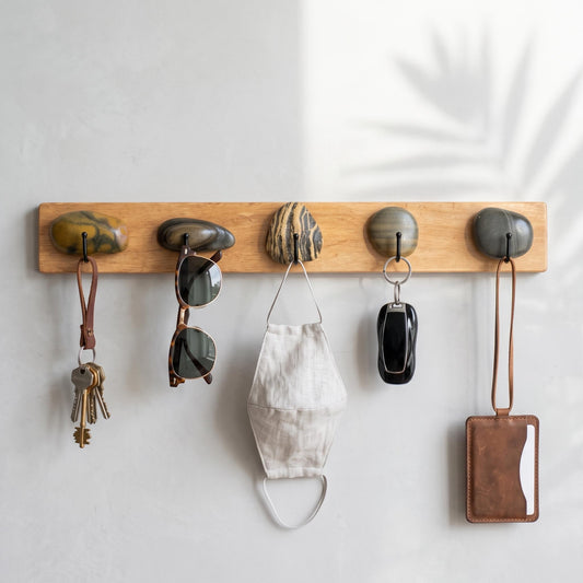 Key Rack Wall - River Stone & Cypress Wood Key Hanger – natural stone wall hook or rack – alternate product view