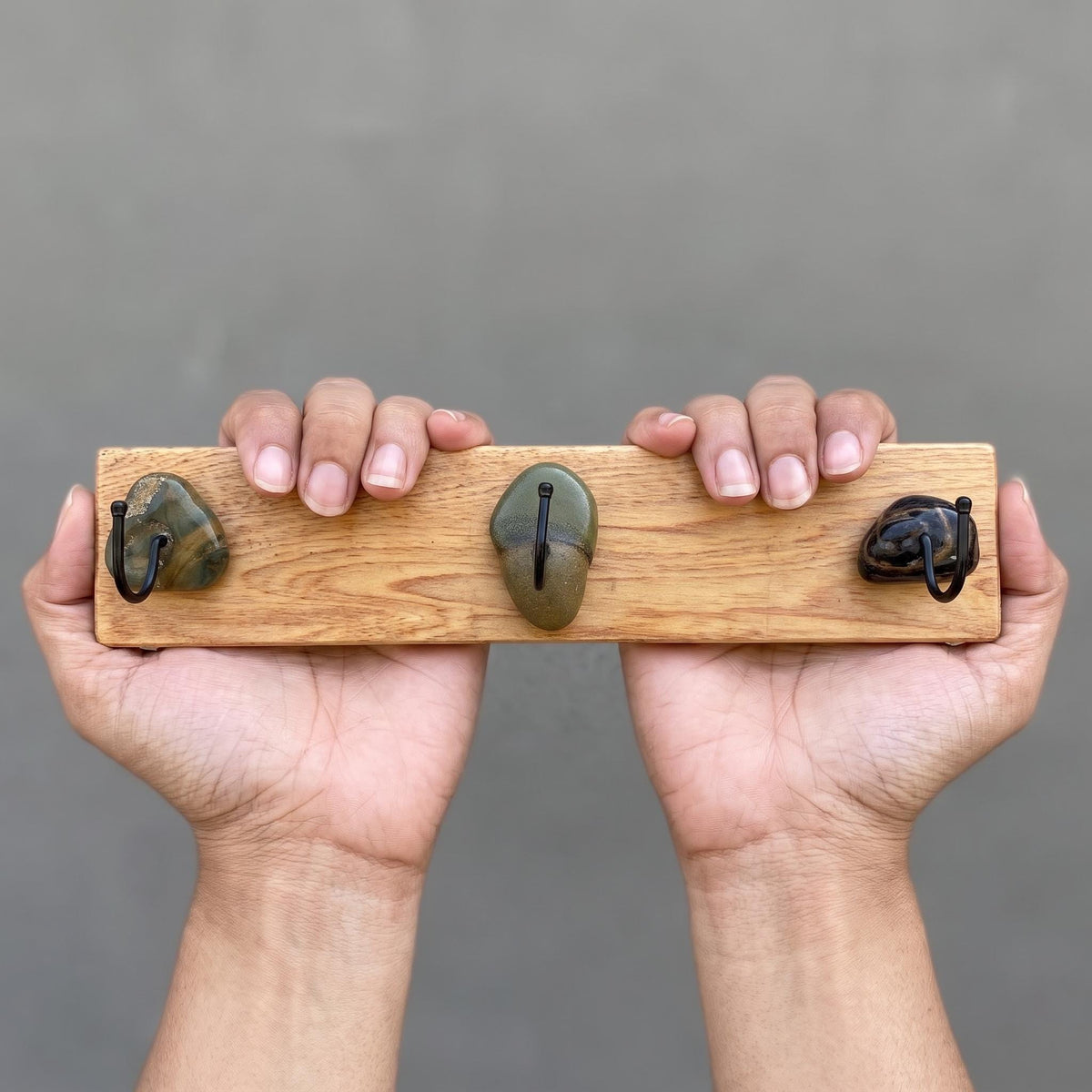 Key Rack Wall - River Stone & Cypress Wood Key Hanger – natural stone wall hook or rack – alternate view