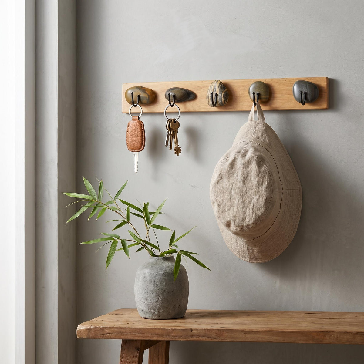 Key Rack Wall - River Stone & Cypress Wood Key Hanger – natural stone wall hook or rack – alternate view