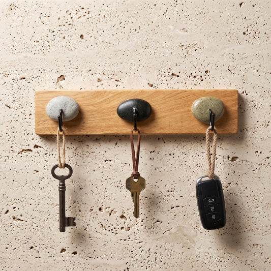 Key Rack Wall - River Stone & Cypress Wood Key Hanger – natural stone wall hook or rack – primary product view