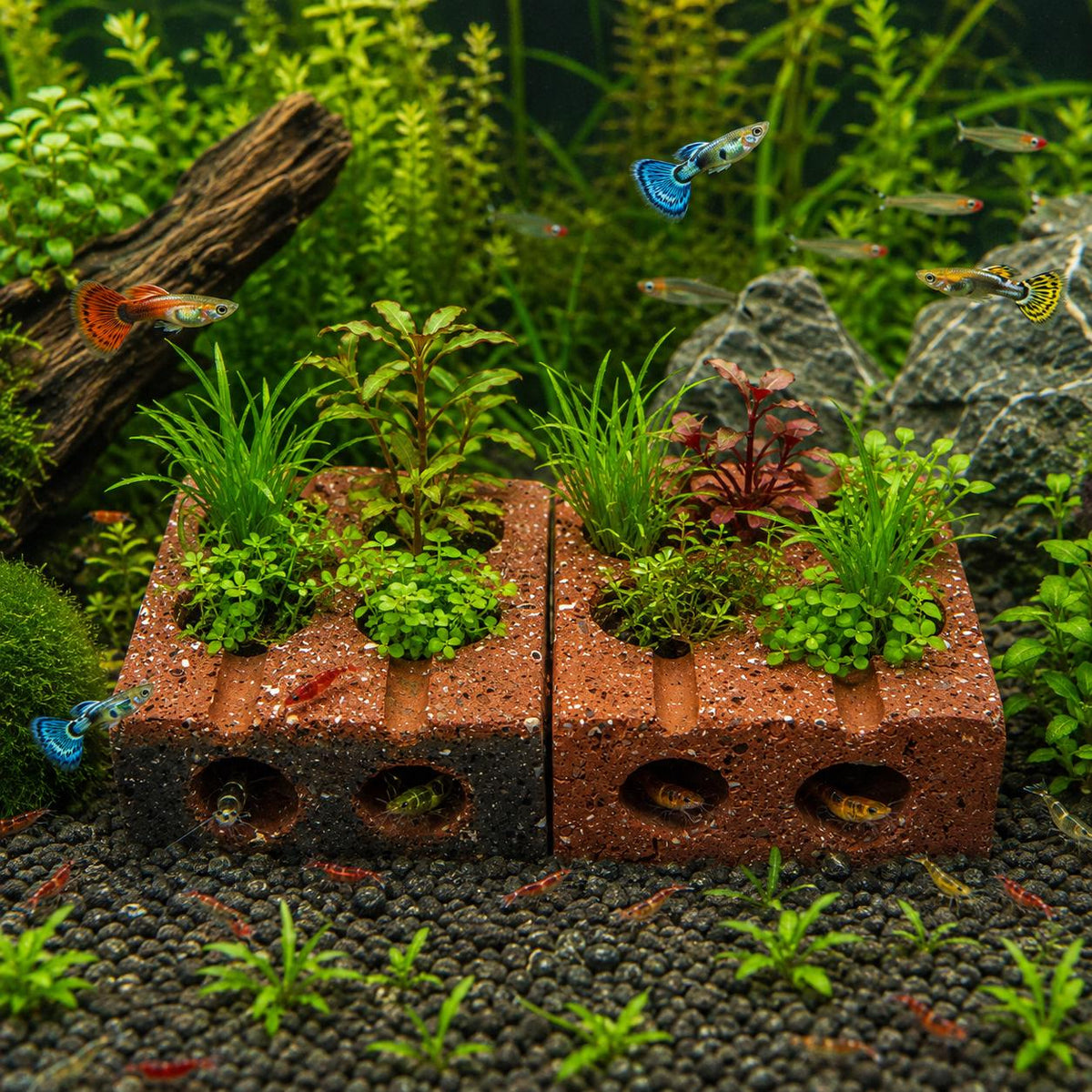 Aquarium Planter Brick With Shrimp Cave – natural stone aquarium accessory – alternate view
