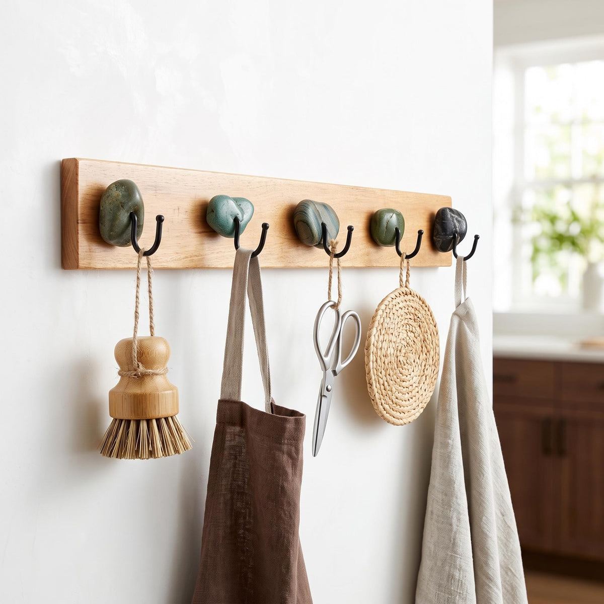 Key Rack Wall - River Stone & Cypress Wood Key Hanger – natural stone wall hook or rack – detail view