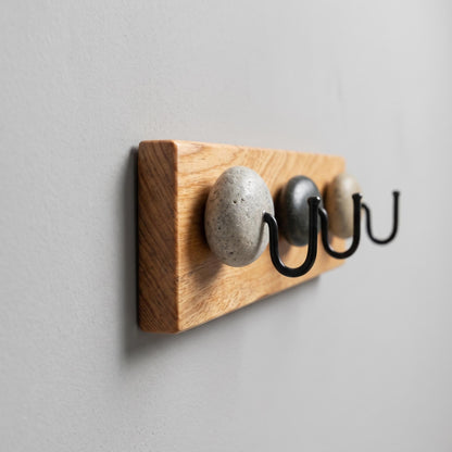 Key Rack Wall - River Stone & Cypress Wood Key Hanger – natural stone wall hook or rack – alternate angle