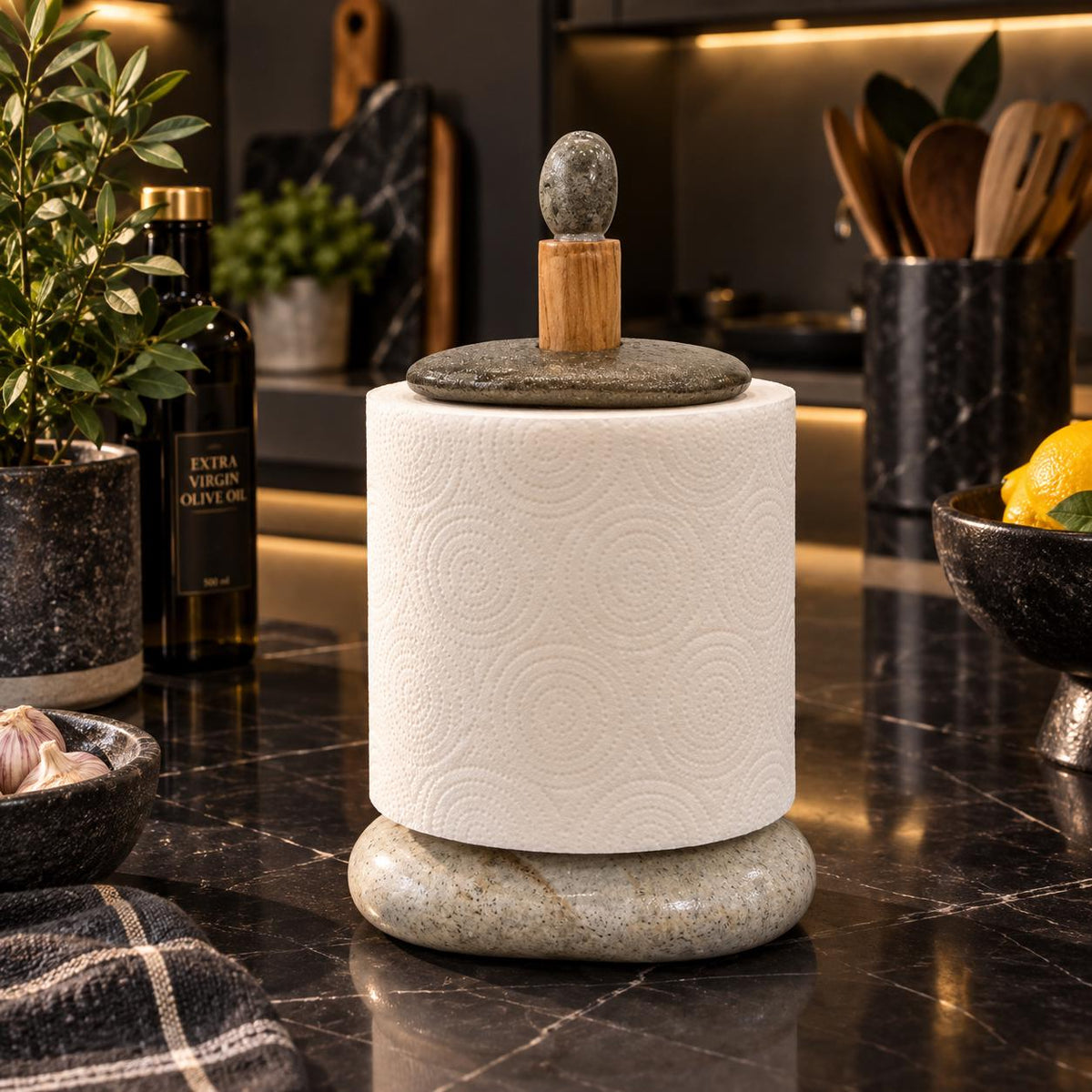 Rustic Paper Towel Holder – natural stone kitchen and dining accessory – detail view