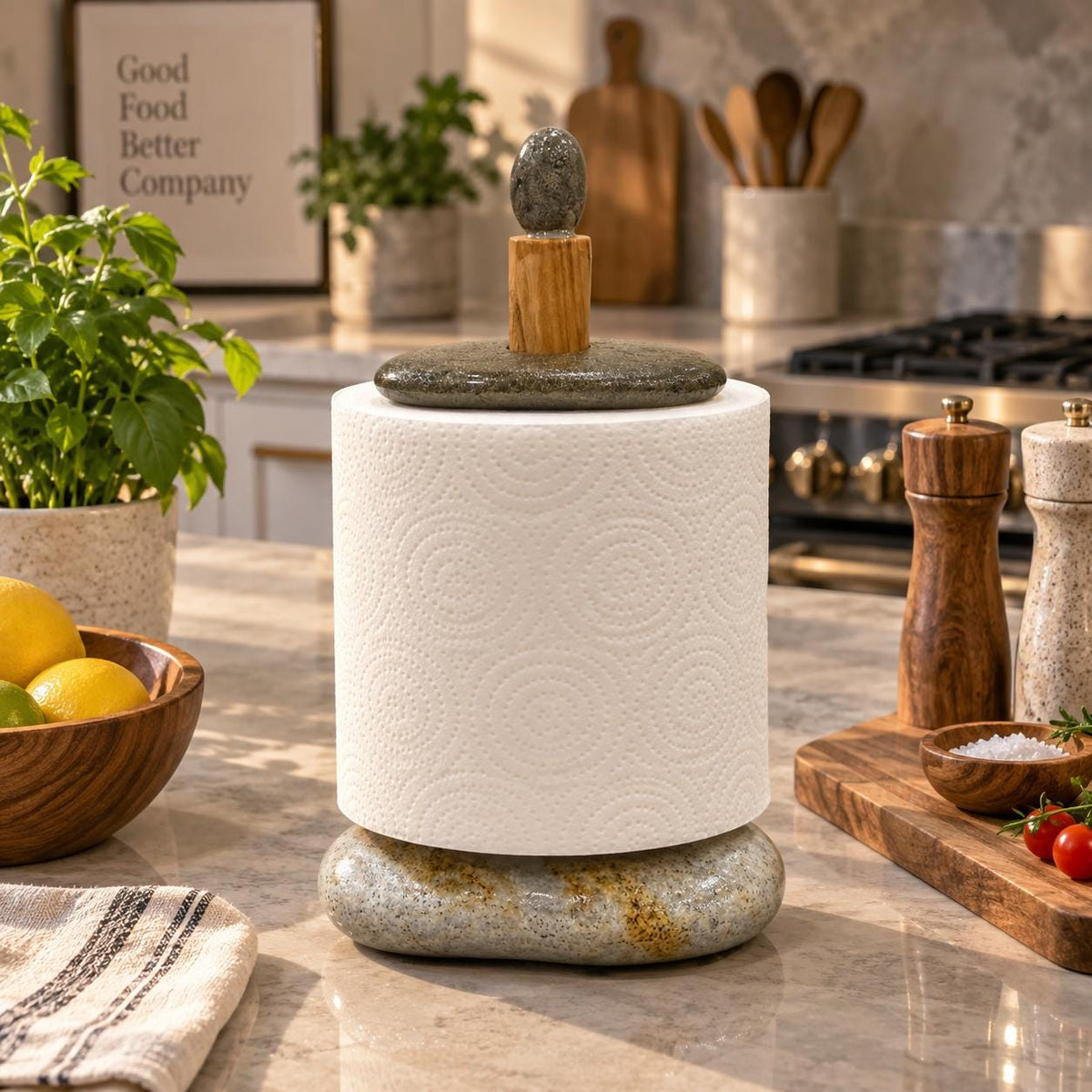 Rustic Paper Towel Holder – natural stone kitchen and dining accessory – alternate angle
